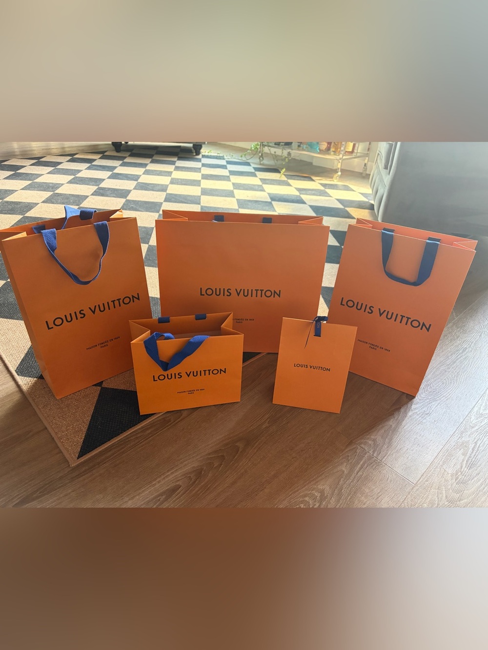 Louis Vuitton Orange Tote with Blue Handles - Signature Shopping Bags